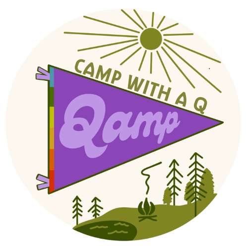 Camp with a Q — Qamp written on a purple pendant banner